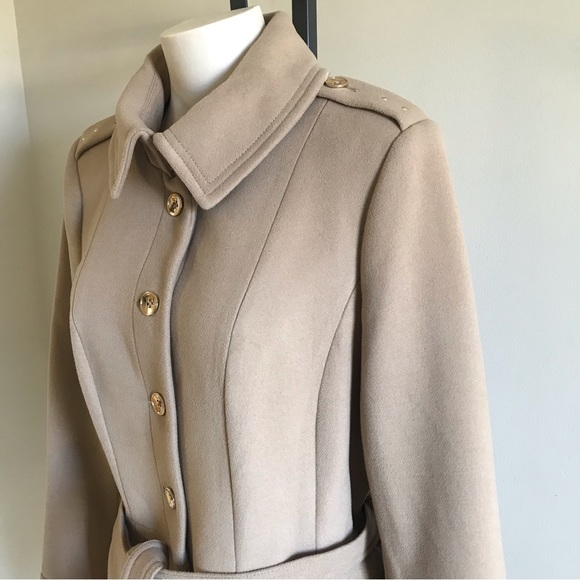 White House Black Market Eyelet Studded Coat Belted Jacket Tan Gold Size Large - Picture 7 of 13